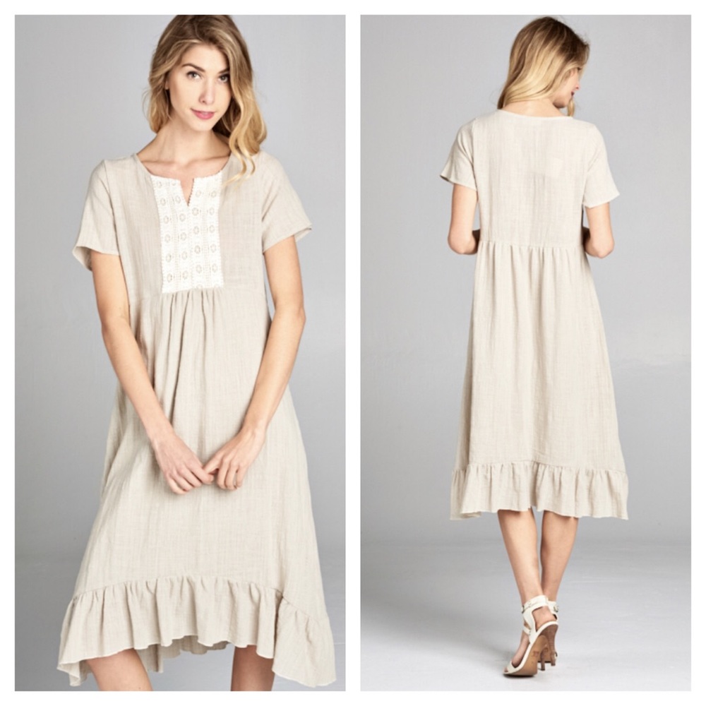 Flowy Taupe Linen Dress with Trim Chest Detail